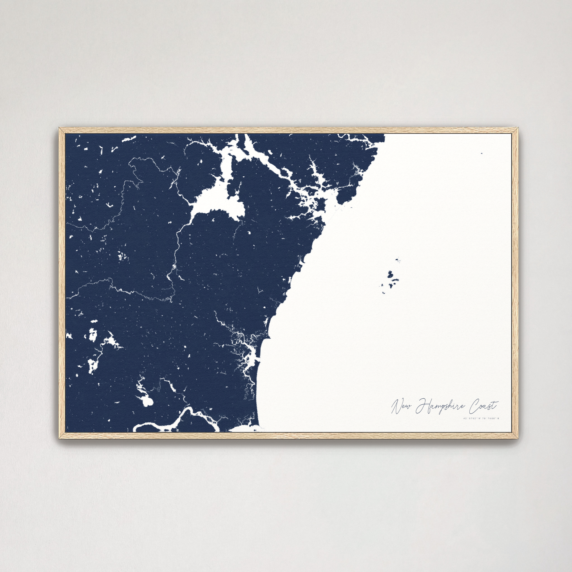 New Hampshire Coast Coastal Map — Canvas Horizontal, navy, Natural Oak