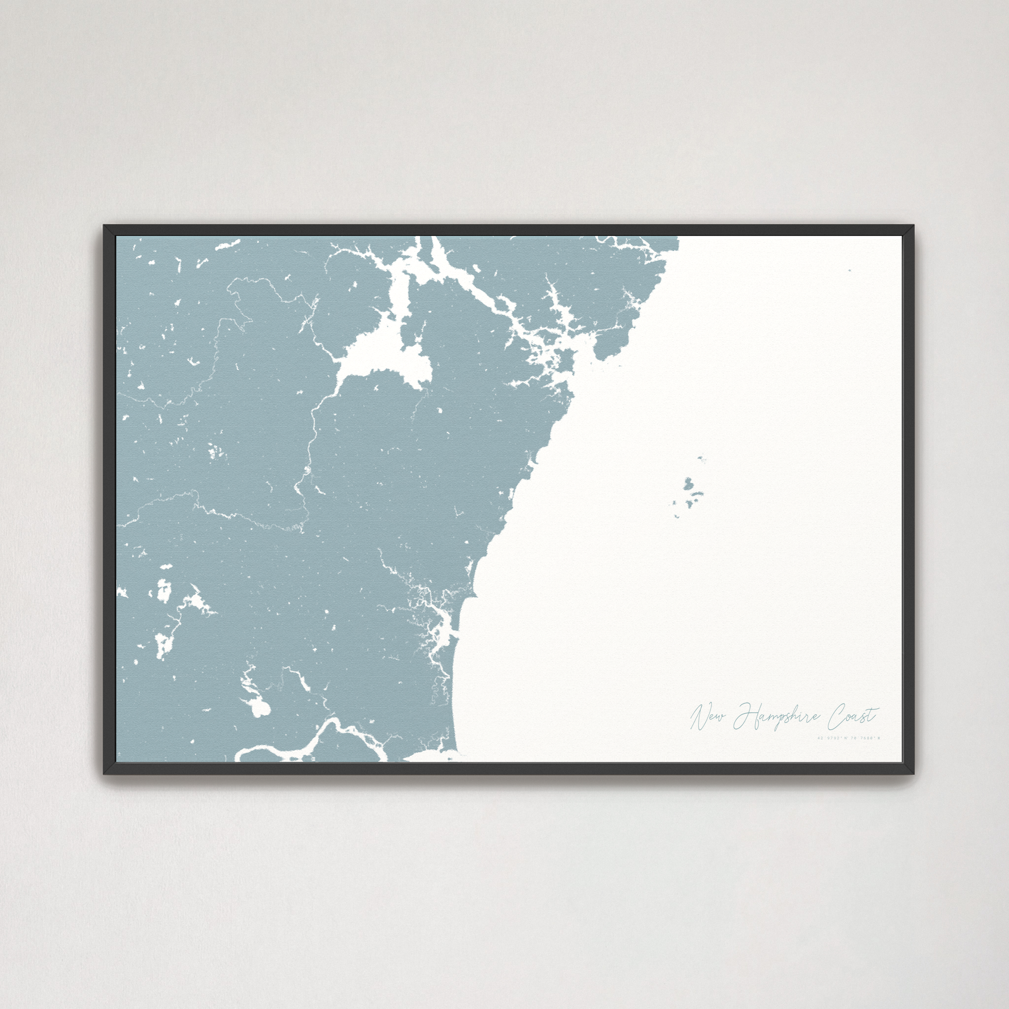 New Hampshire Coast Coastal Map — Canvas Horizontal, soft-blue, Black Frame