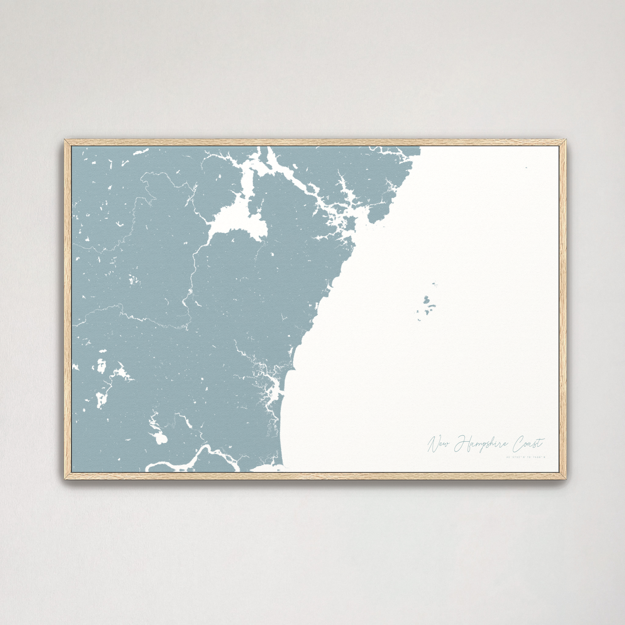New Hampshire Coast Coastal Map — Canvas Horizontal, soft-blue, Natural Oak