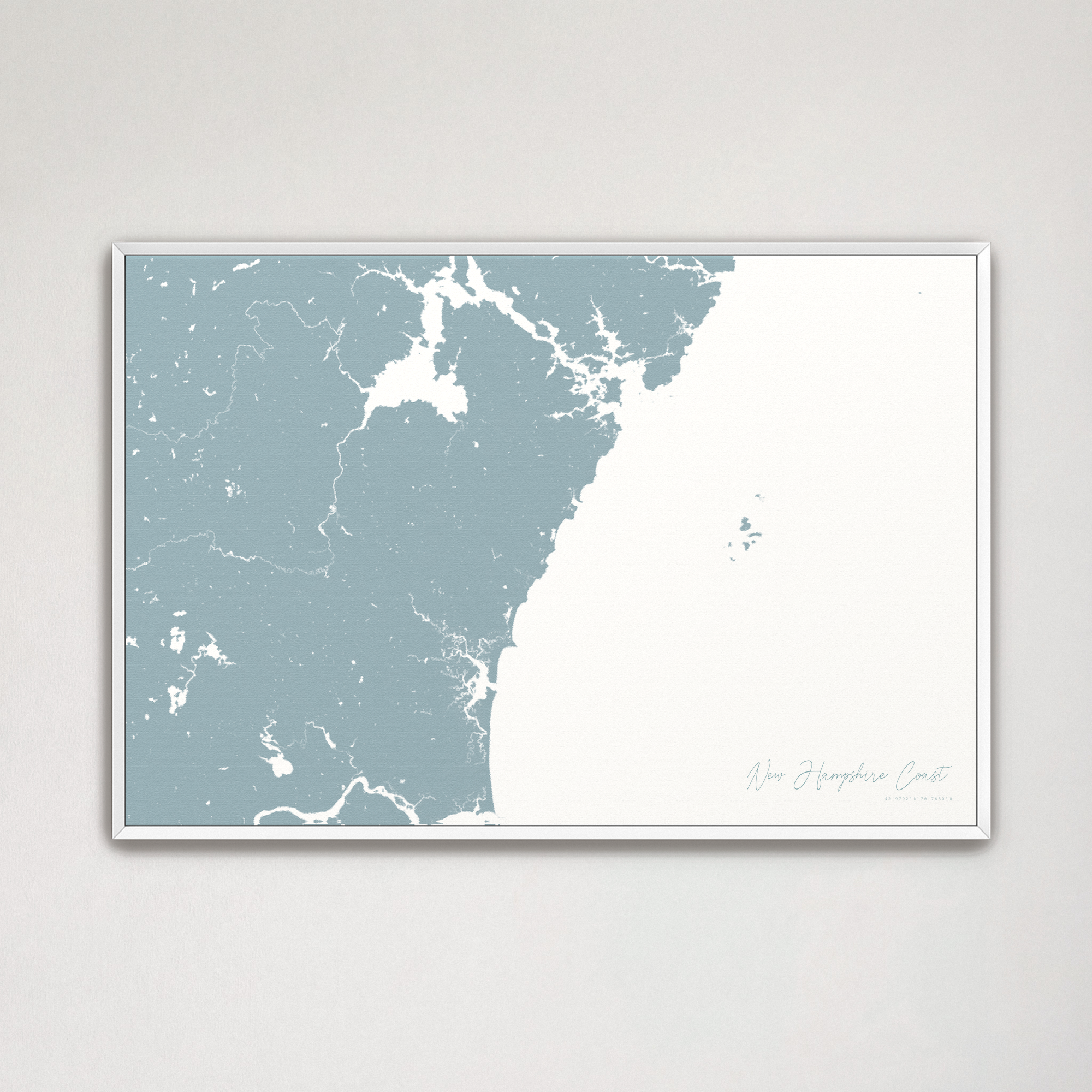 New Hampshire Coast Coastal Map — Canvas Horizontal, soft-blue, White Frame