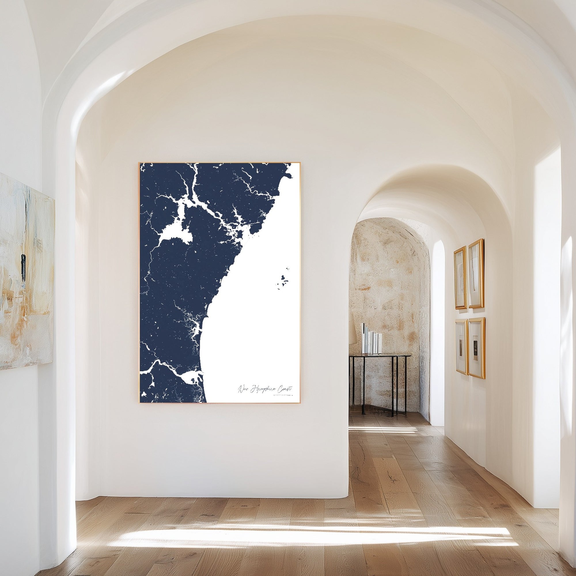 New Hampshire Coast navy vertical canvas map in the Bello mixed room scene