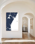 New Hampshire Coast navy vertical canvas map in the Bello mixed room scene
