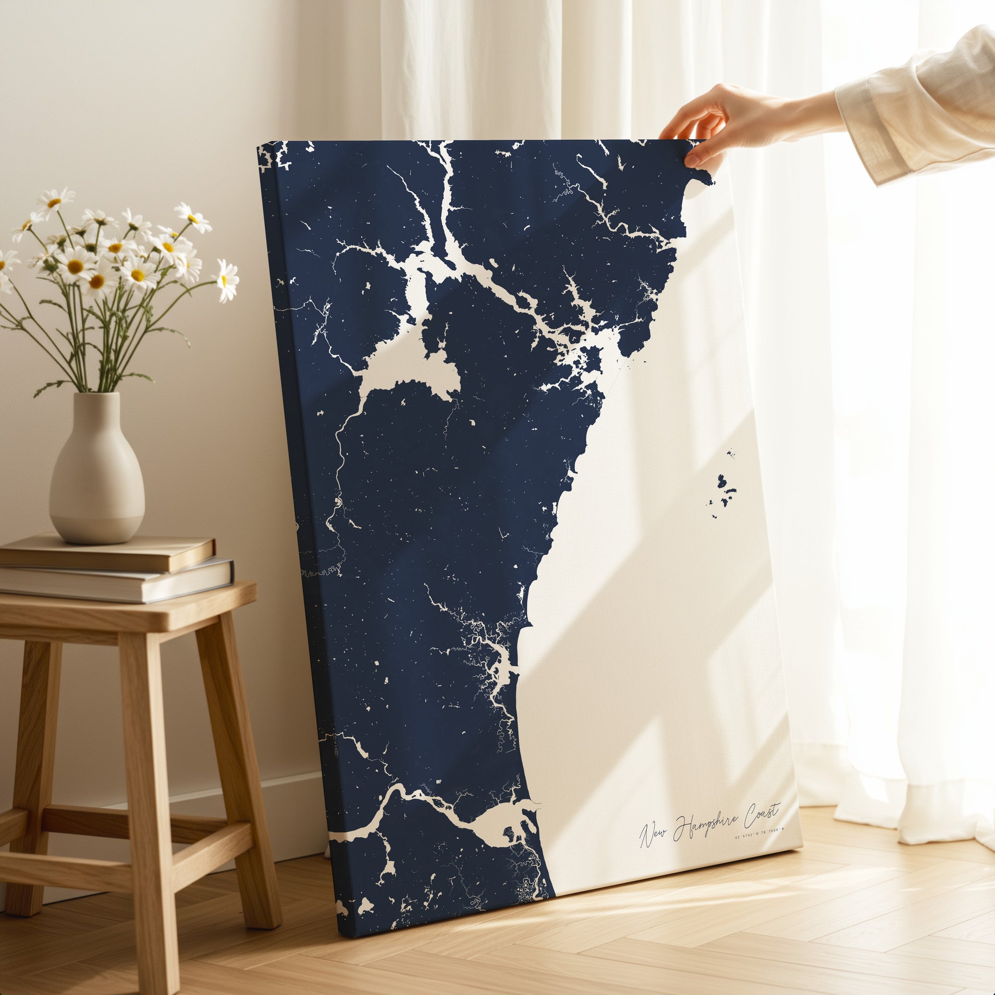 New Hampshire Coast navy vertical wrapped canvas map in the ratio 2:3 hand mockup