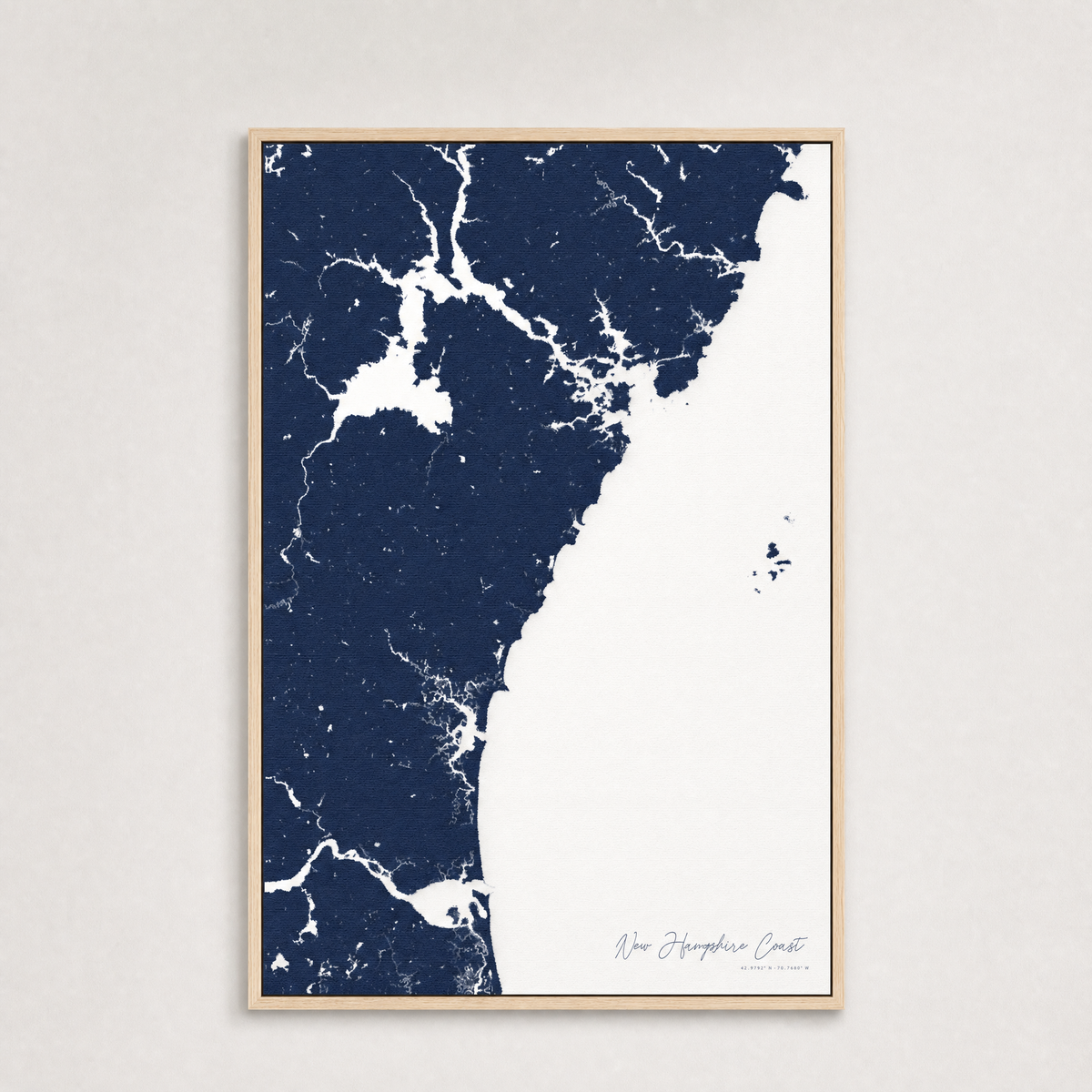 New Hampshire Coast Coastal Map — Canvas Vertical — navy, Light Wood
