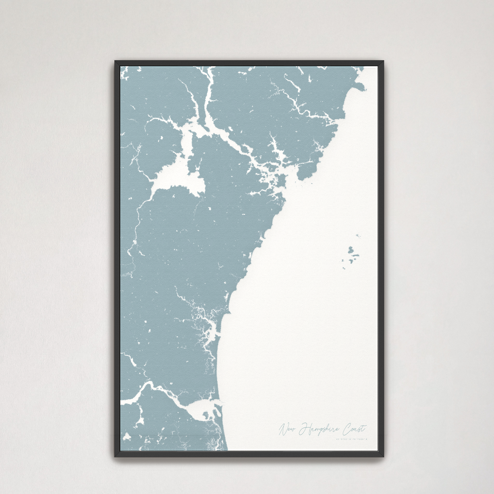 New Hampshire Coast Coastal Map — Canvas Vertical, soft-blue, Black Frame