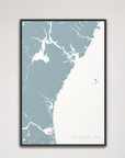 New Hampshire Coast Coastal Map — Canvas Vertical, soft-blue, Black Frame