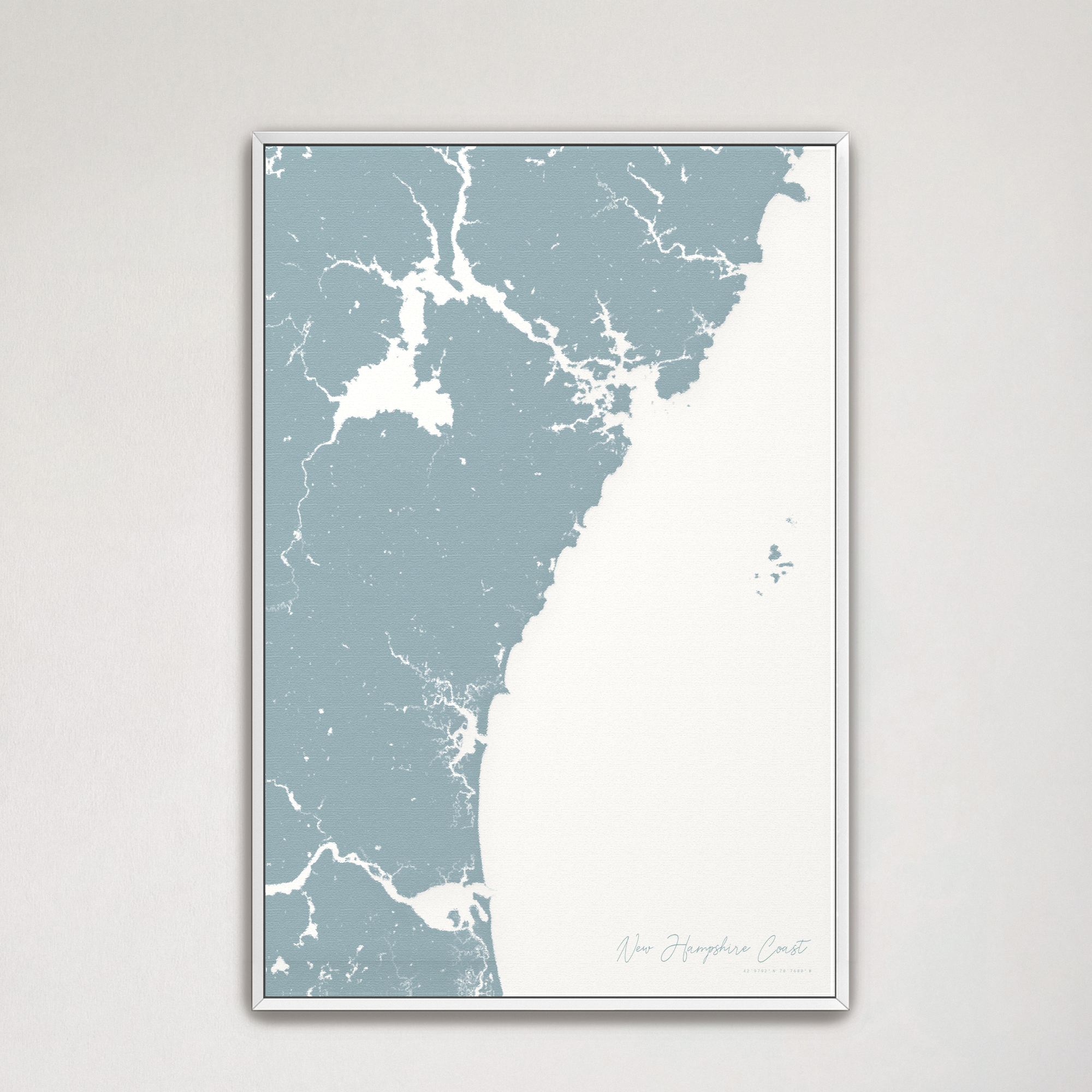 New Hampshire Coast Coastal Map — Canvas Vertical, soft-blue, White Frame