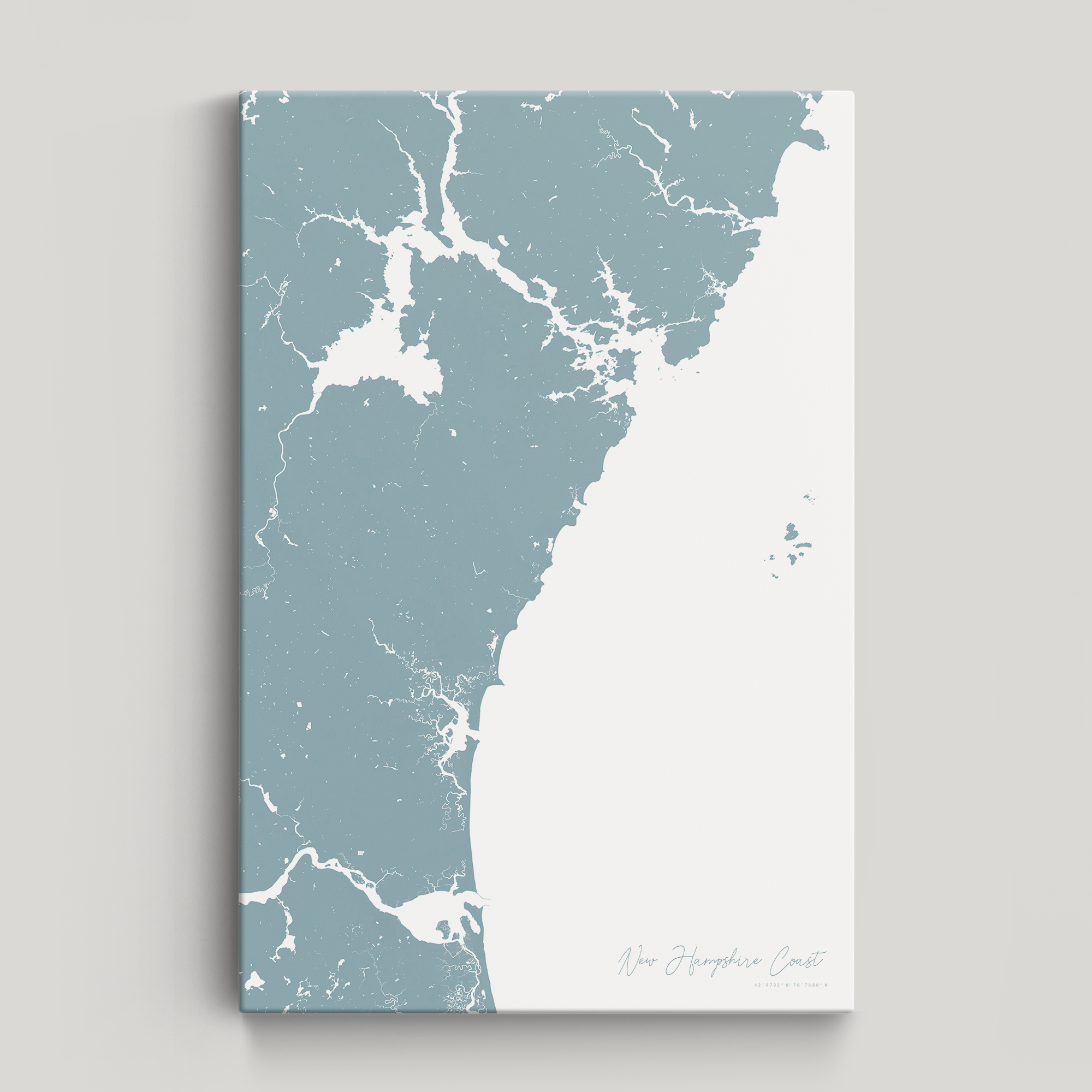 New Hampshire Coast Coastal Map — Canvas Vertical, soft-blue, No Frame
