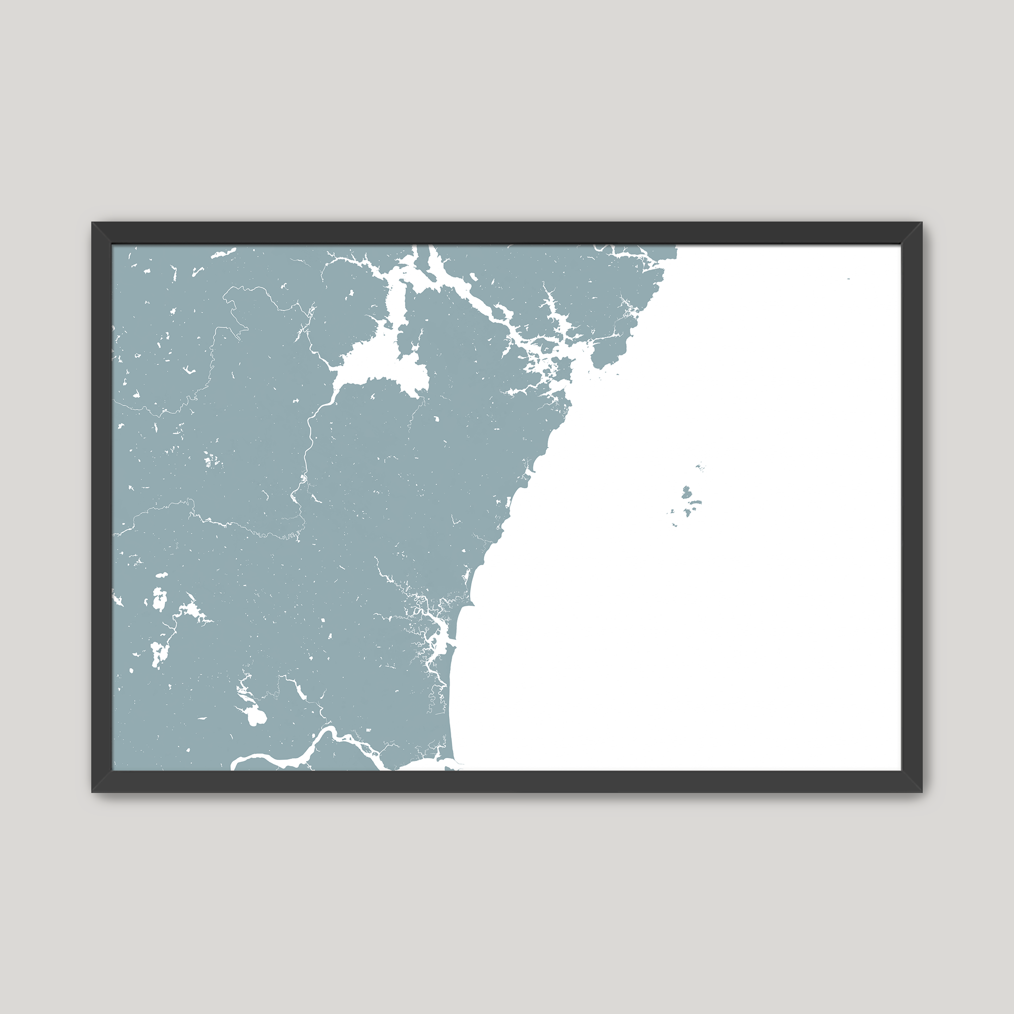 New Hampshire Coast Coastal Map — Fine Art Print Horizontal, soft-blue, Black Frame, 10x8