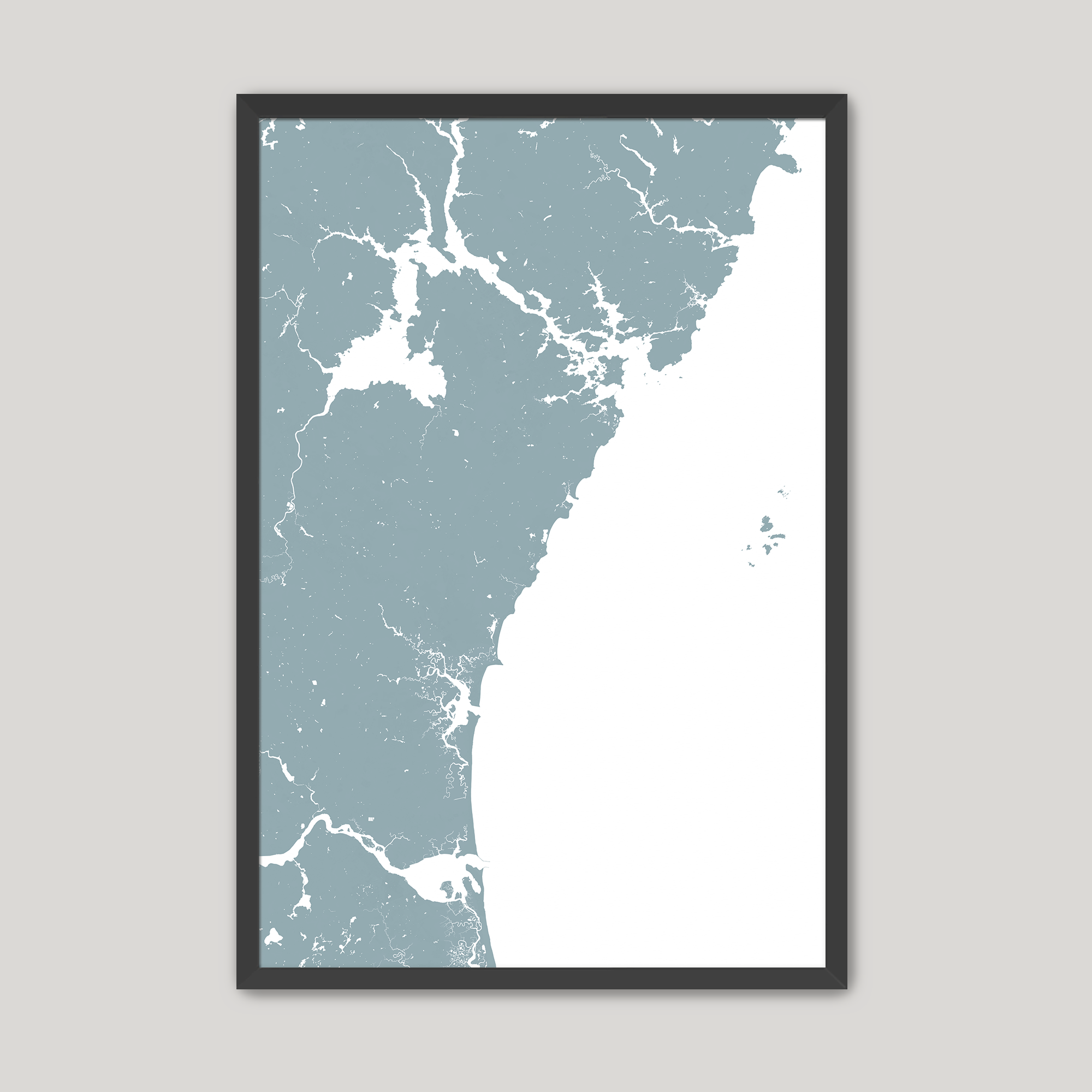 New Hampshire Coast Coastal Map — Fine Art Print Vertical, soft-blue, Black Frame, 8x10