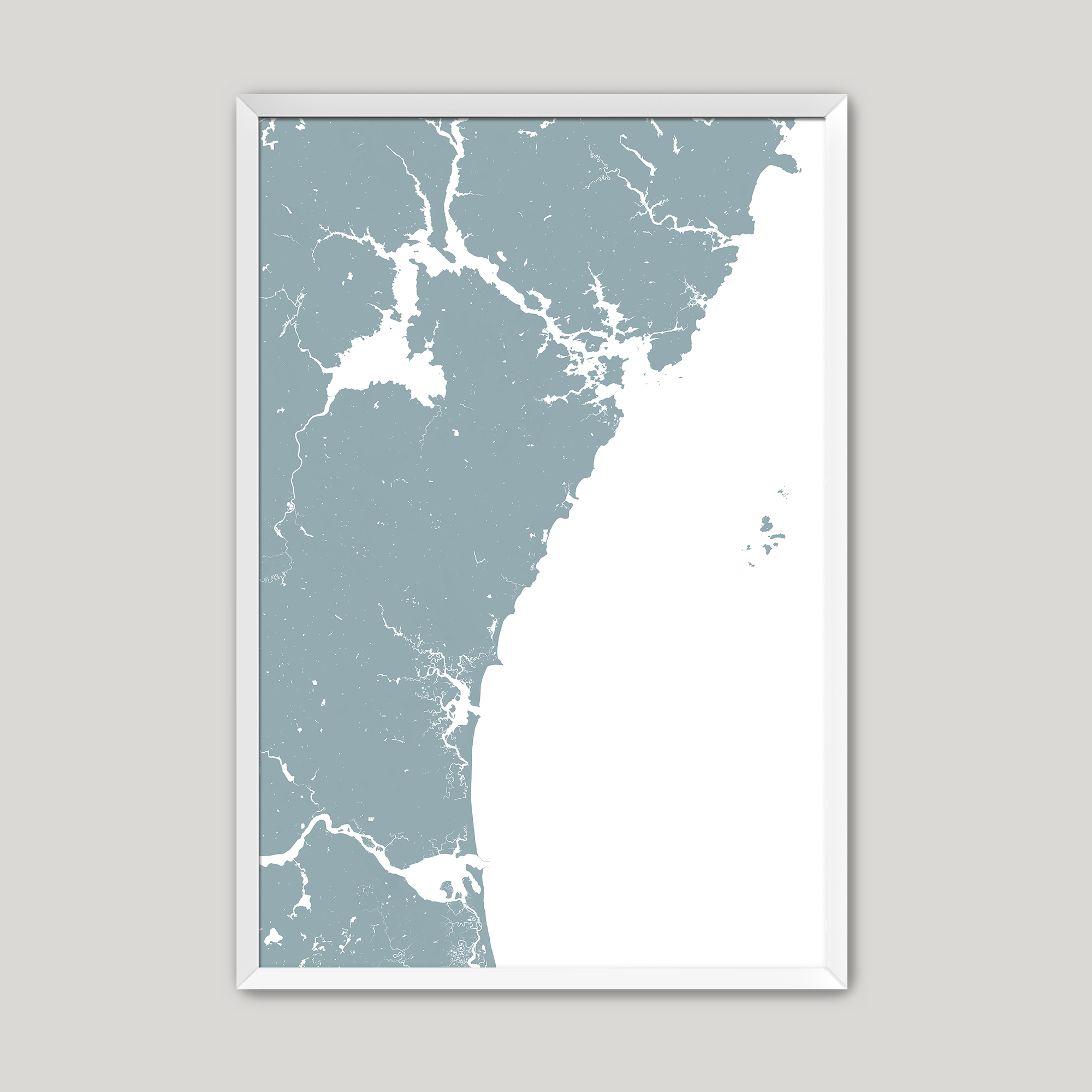 New Hampshire Coast Coastal Map — Fine Art Print Vertical, soft-blue, White Frame, 8x10