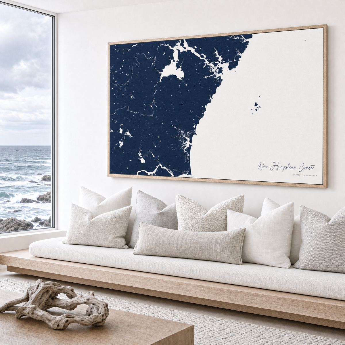 New Hampshire Coast canvas map — sea-view bench interior
