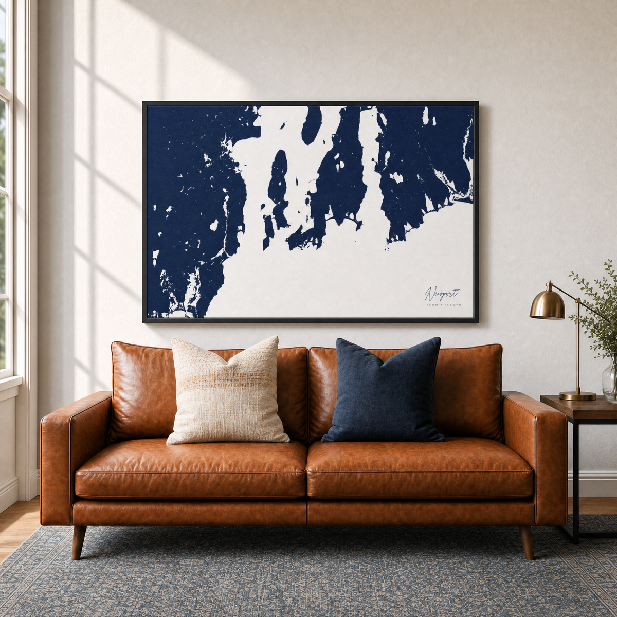 Newport canvas map — two-pillow black-frame sofa interior