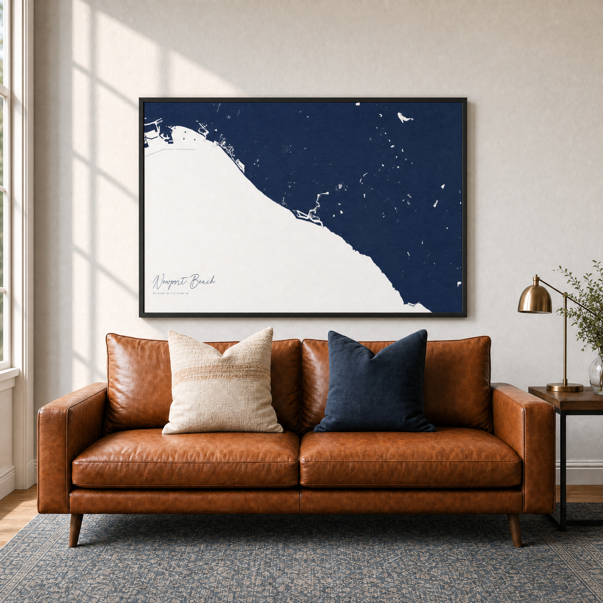Newport Beach canvas map — two-pillow black-frame sofa interior