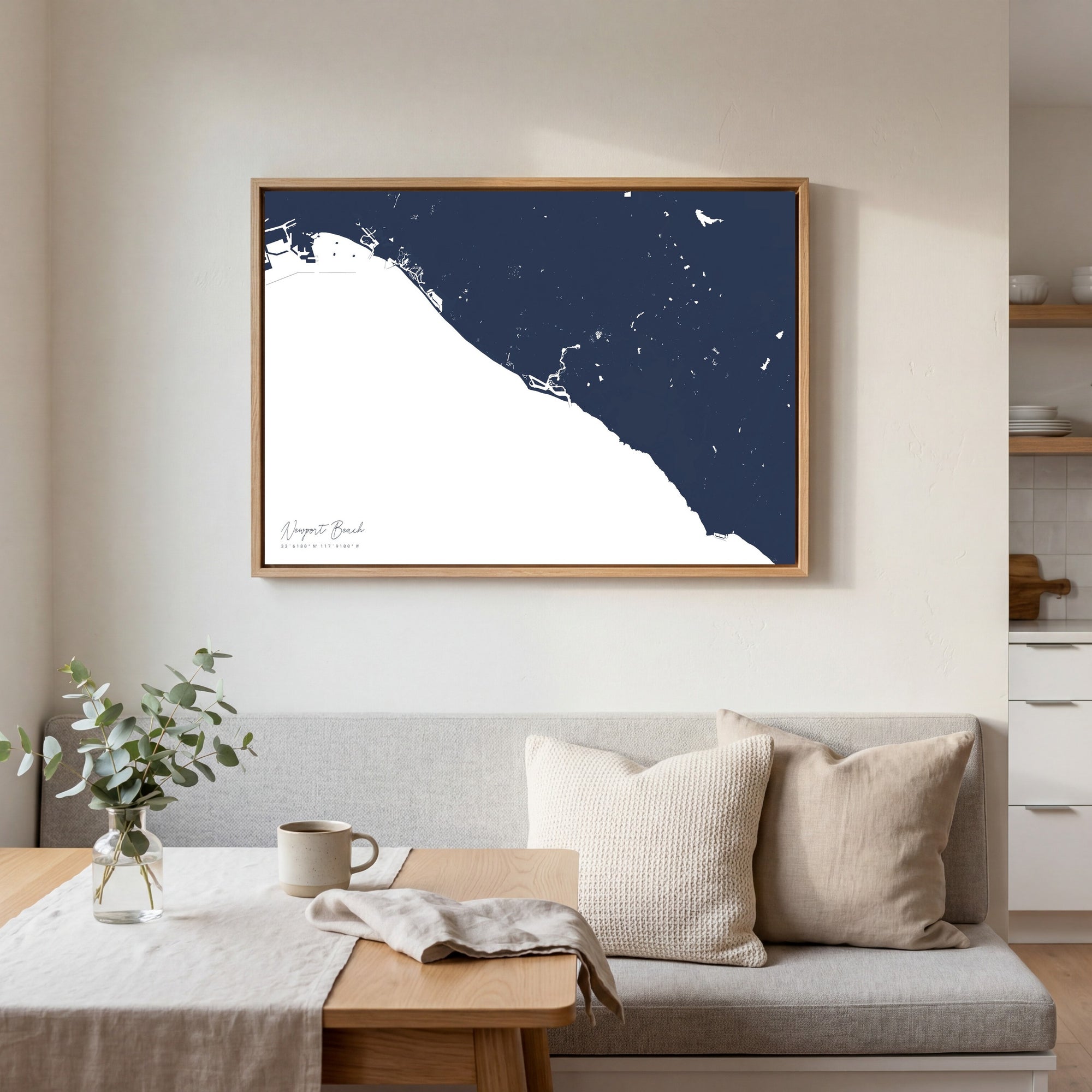 Newport Beach navy horizontal canvas map in an oak framed room scene