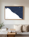 Newport Beach navy horizontal canvas map in an oak framed room scene