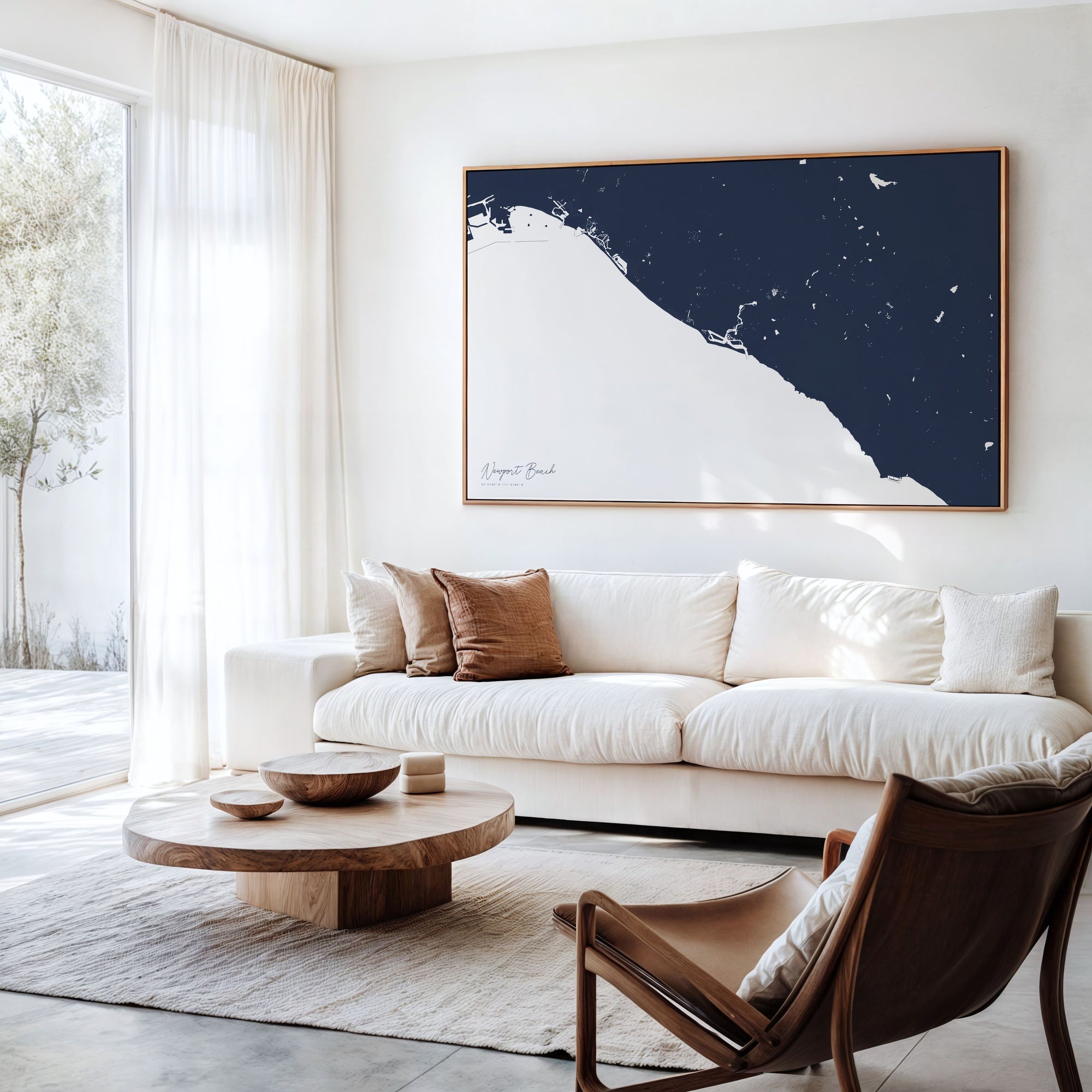 Newport Beach navy horizontal canvas map in an oak framed room scene