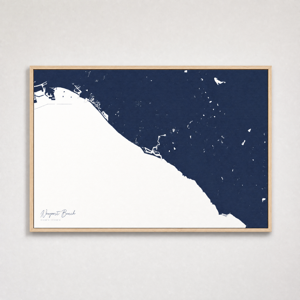 Newport Beach Coastal Map — Canvas Horizontal — navy, Light Wood
