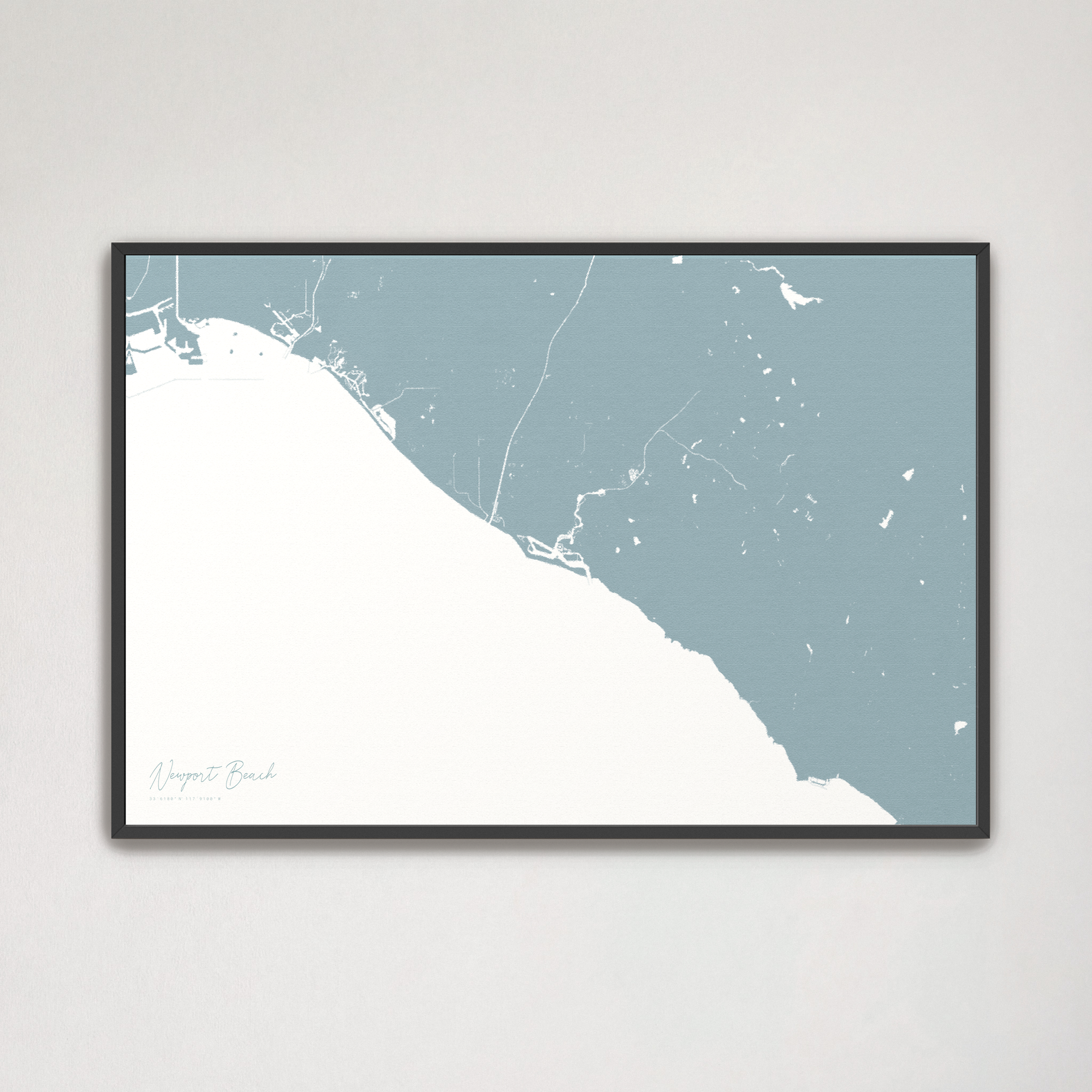 Newport Beach Coastal Map — Canvas Horizontal, soft-blue, Black Frame
