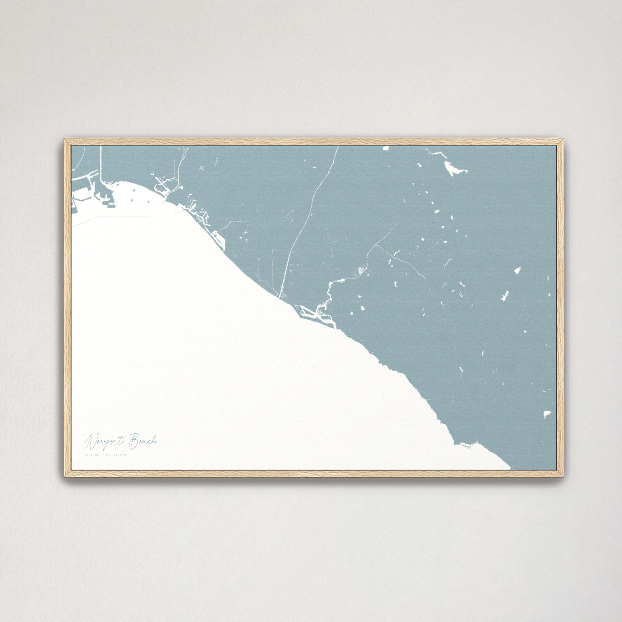 Newport Beach Coastal Map — Canvas Horizontal, soft-blue, Natural Oak