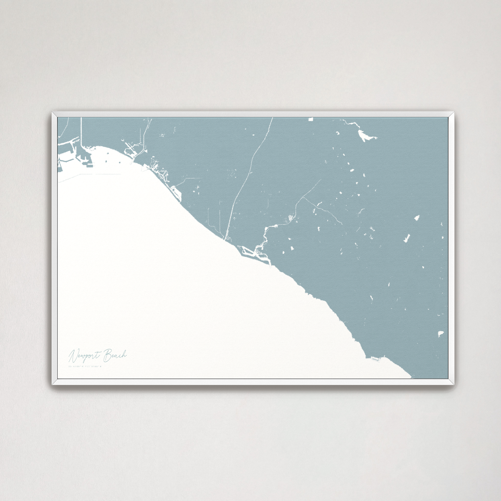 Newport Beach Coastal Map — Canvas Horizontal, soft-blue, White Frame