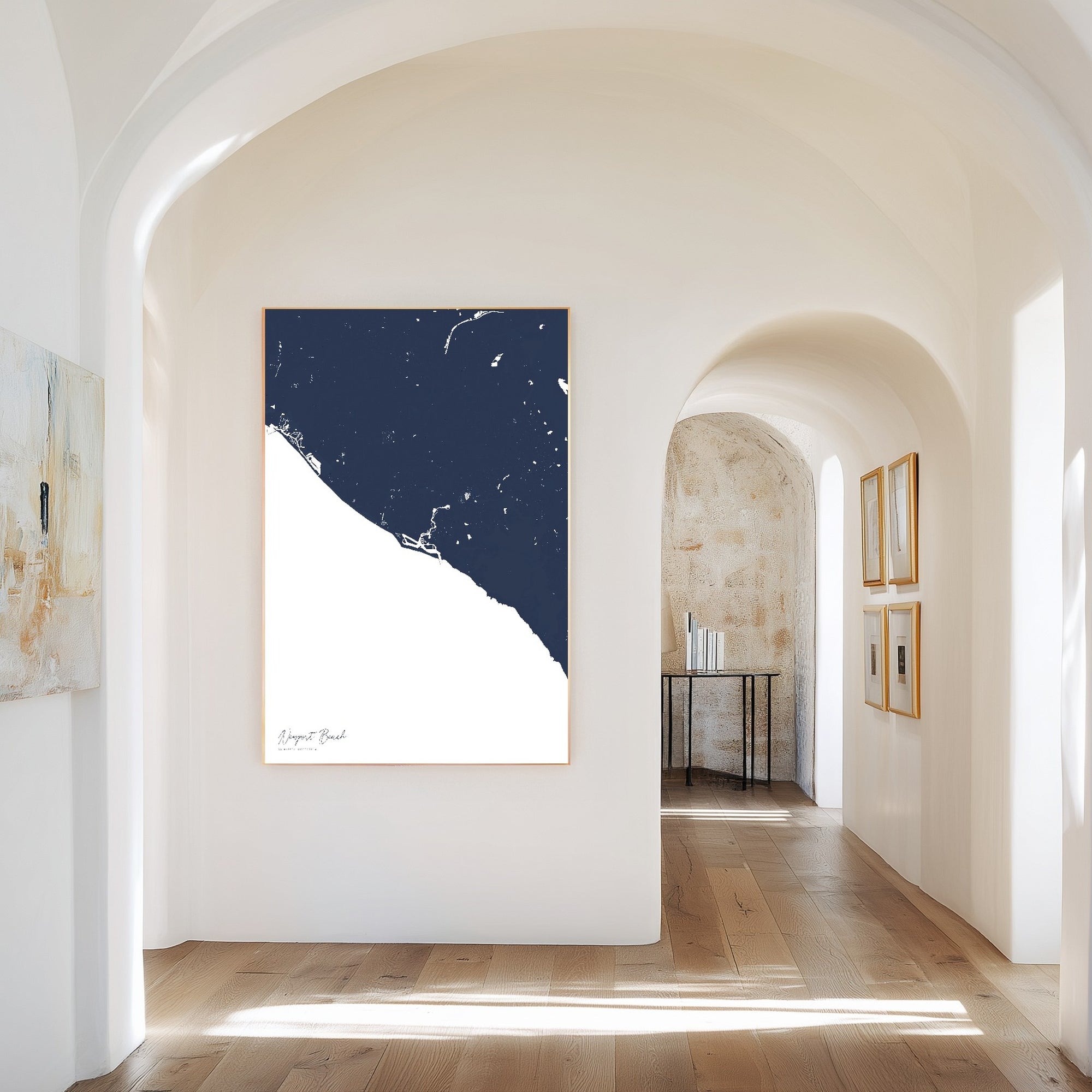 Newport Beach navy vertical canvas map in the Bello mixed room scene