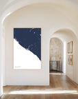 Newport Beach navy vertical canvas map in the Bello mixed room scene
