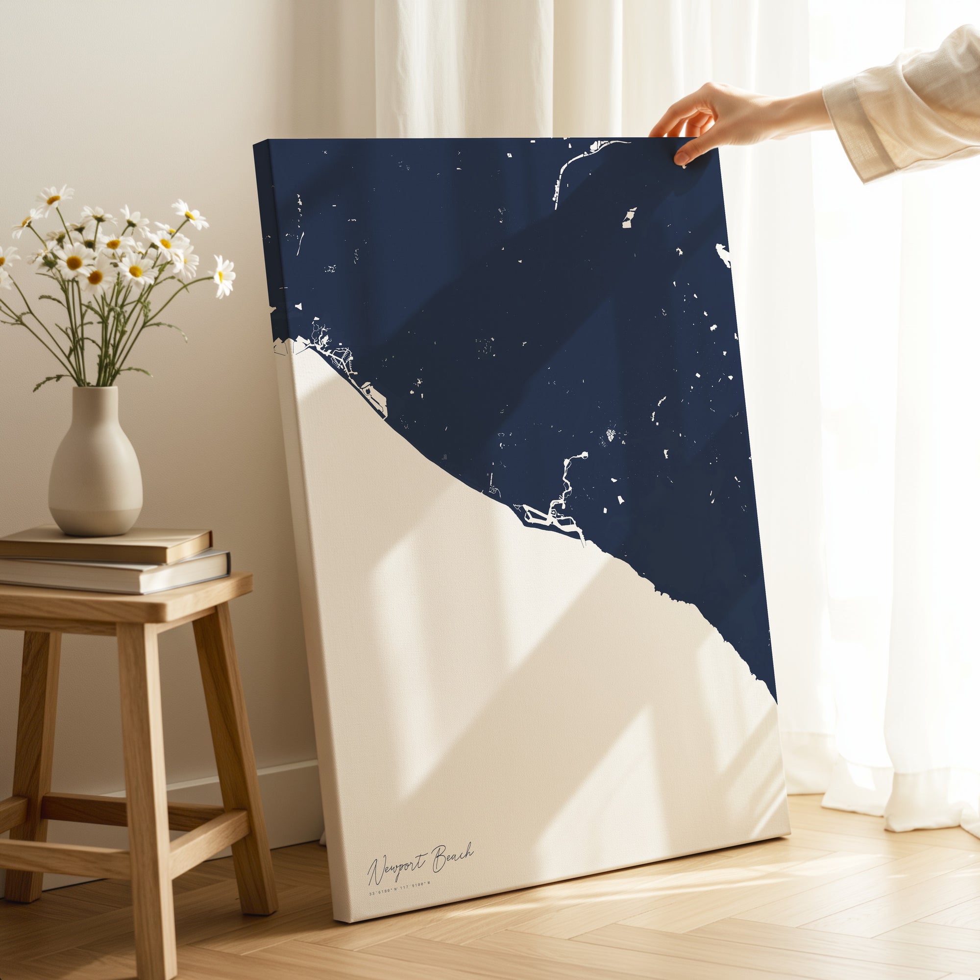 Newport Beach navy vertical wrapped canvas map in the ratio 2:3 hand mockup
