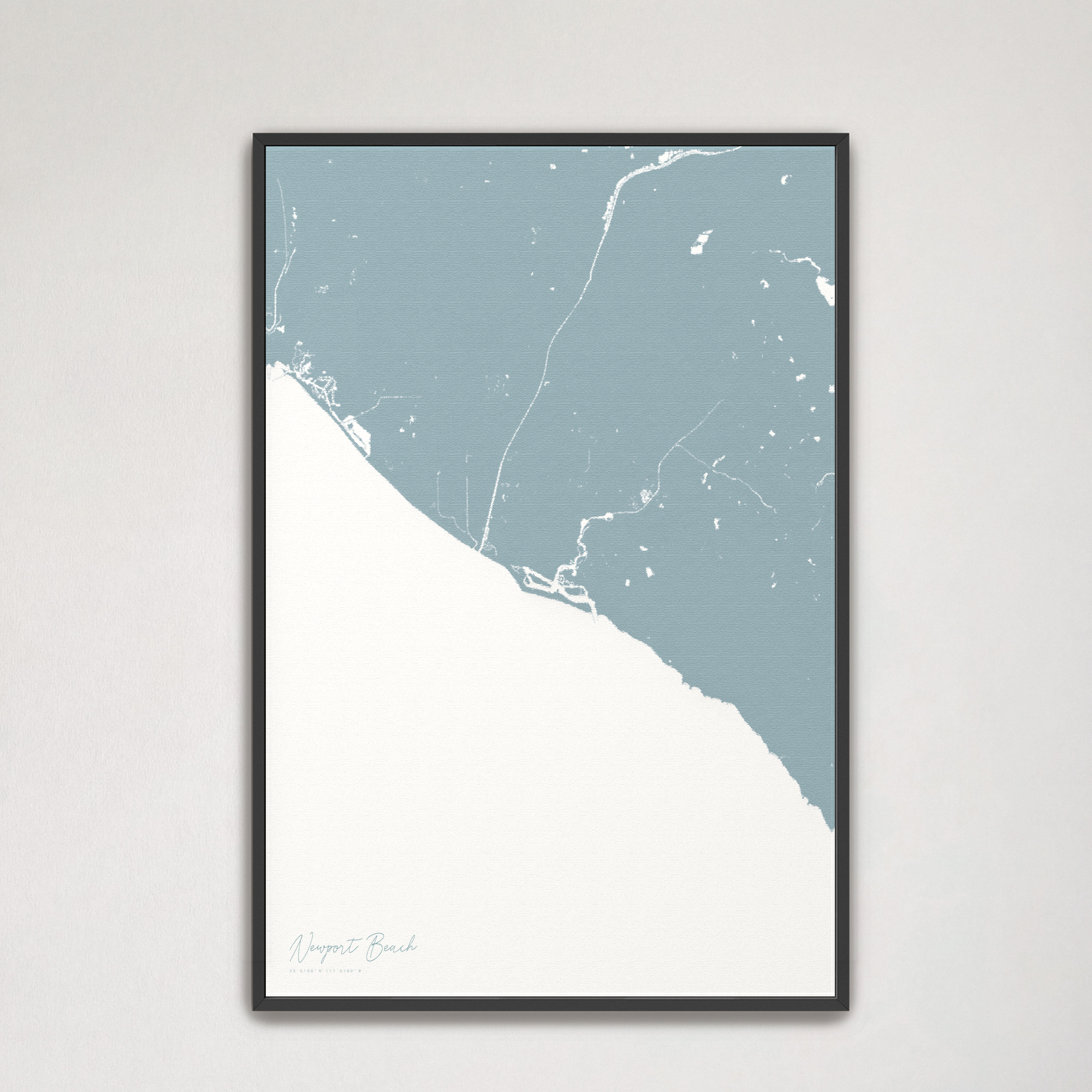 Newport Beach Coastal Map — Canvas Vertical, soft-blue, Black Frame