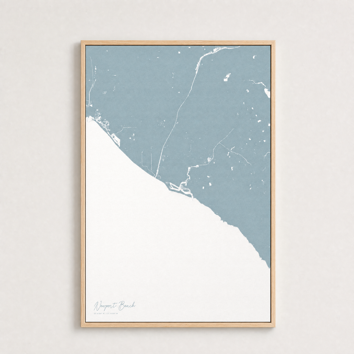 Newport Beach Coastal Map — Canvas Vertical — soft-blue, Light Wood