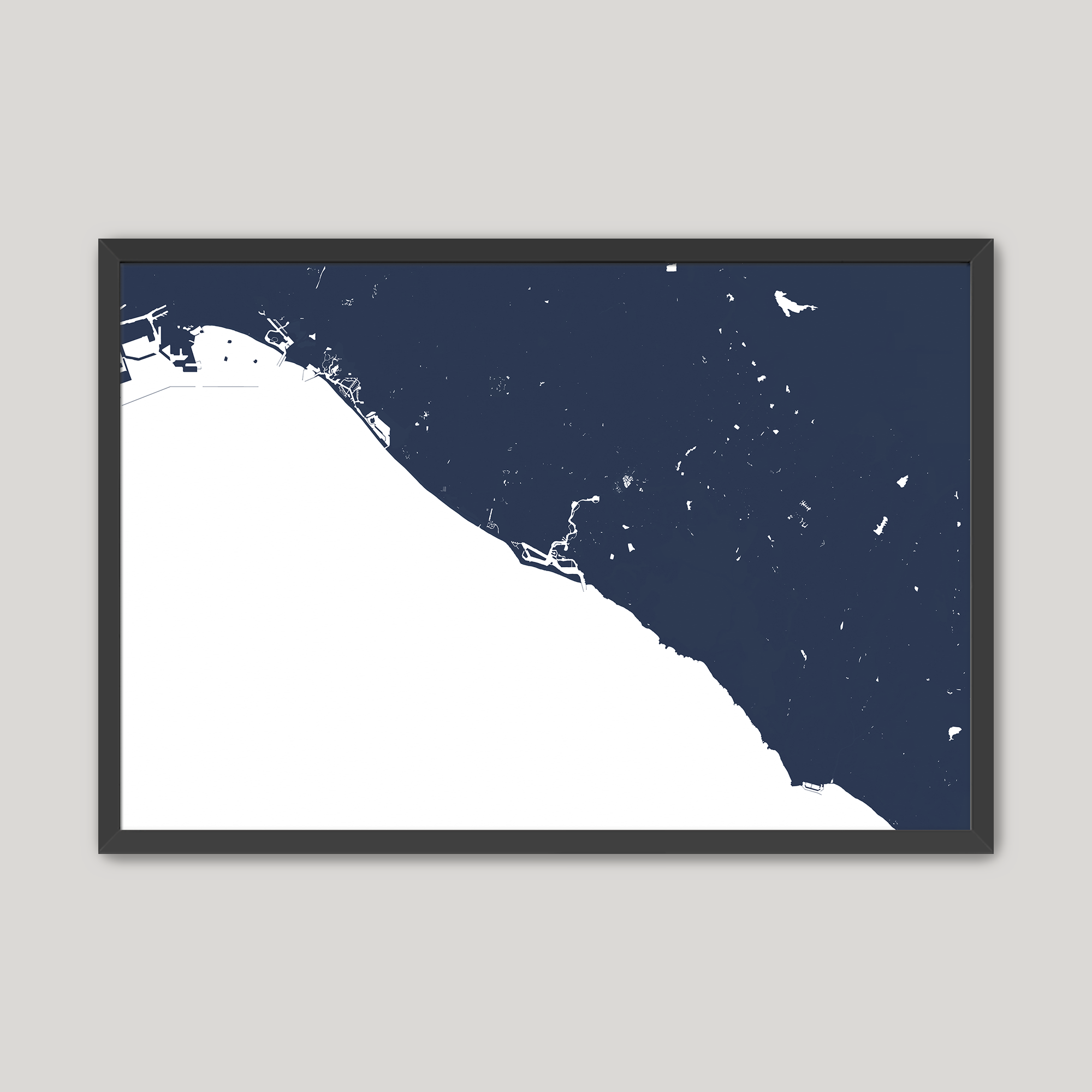 Newport Beach Coastal Map — Fine Art Print Horizontal, navy, Black Frame, 10x8