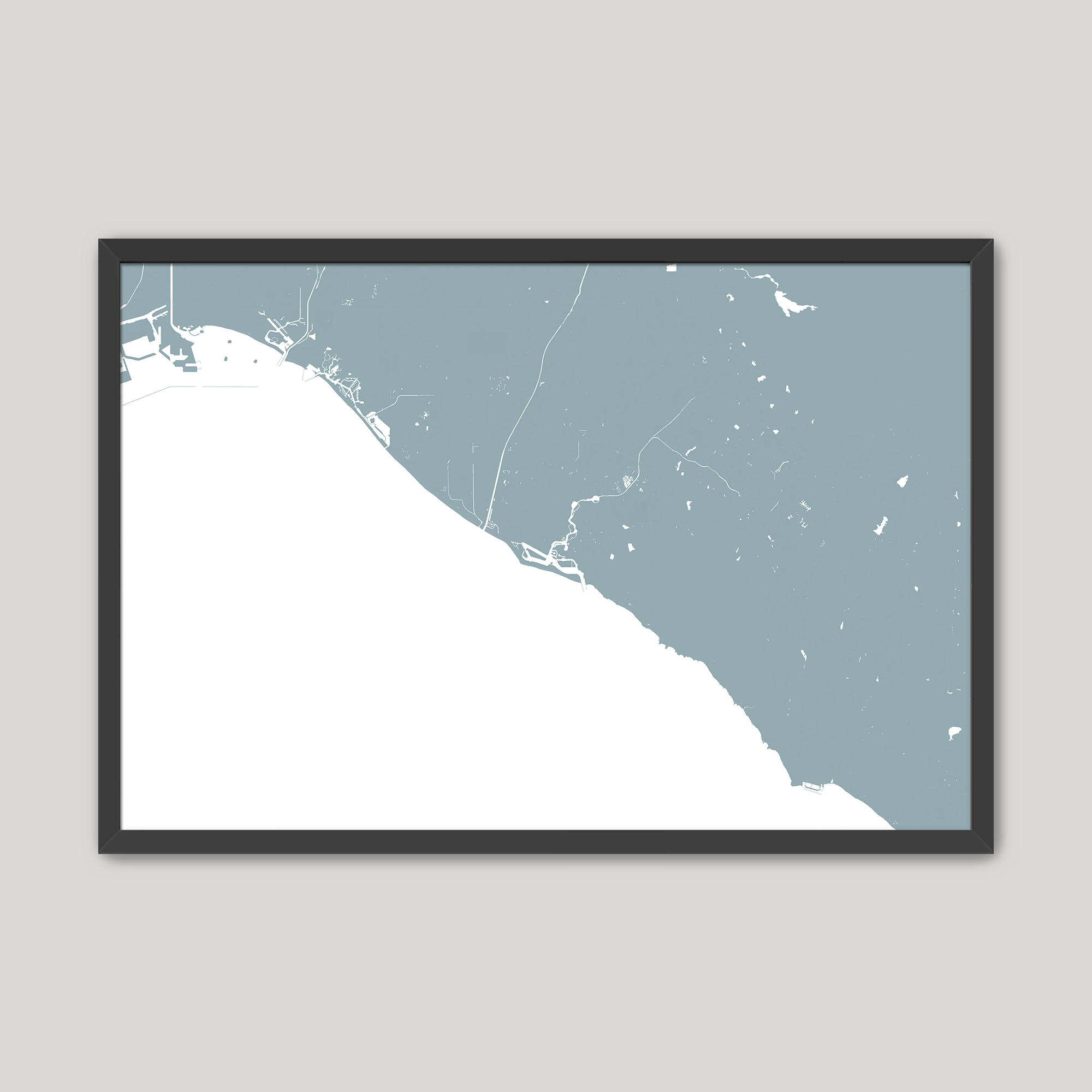 Newport Beach Coastal Map — Fine Art Print Horizontal, soft-blue, Black Frame, 10x8