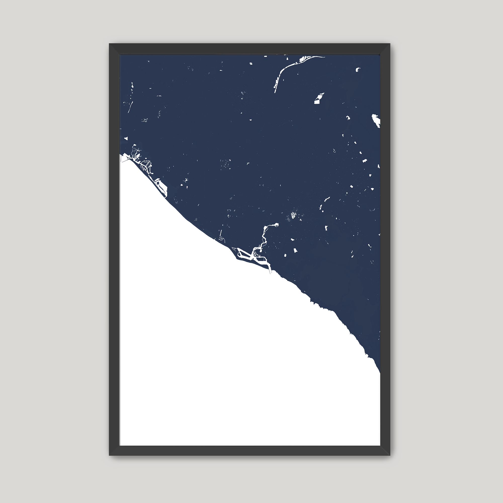 Newport Beach Coastal Map — Fine Art Print Vertical, navy, Black Frame, 8x10