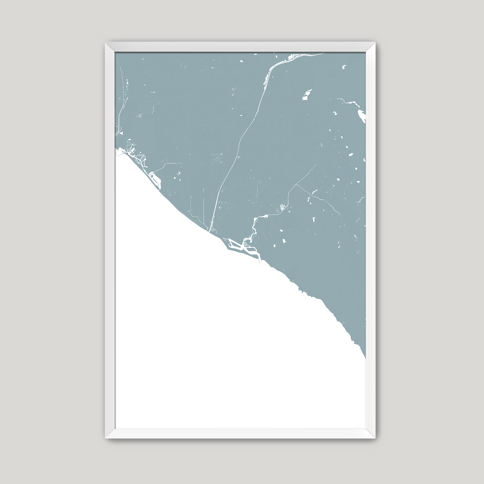 Newport Beach Coastal Map — Fine Art Print Vertical, soft-blue, White Frame, 8x10