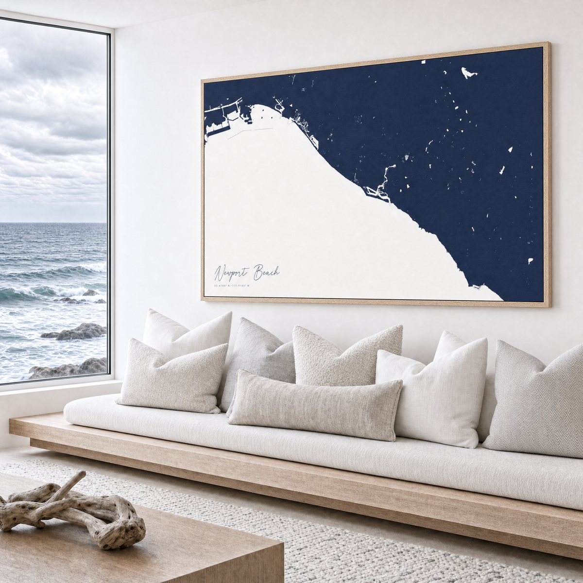 Newport Beach canvas map — sea-view bench interior