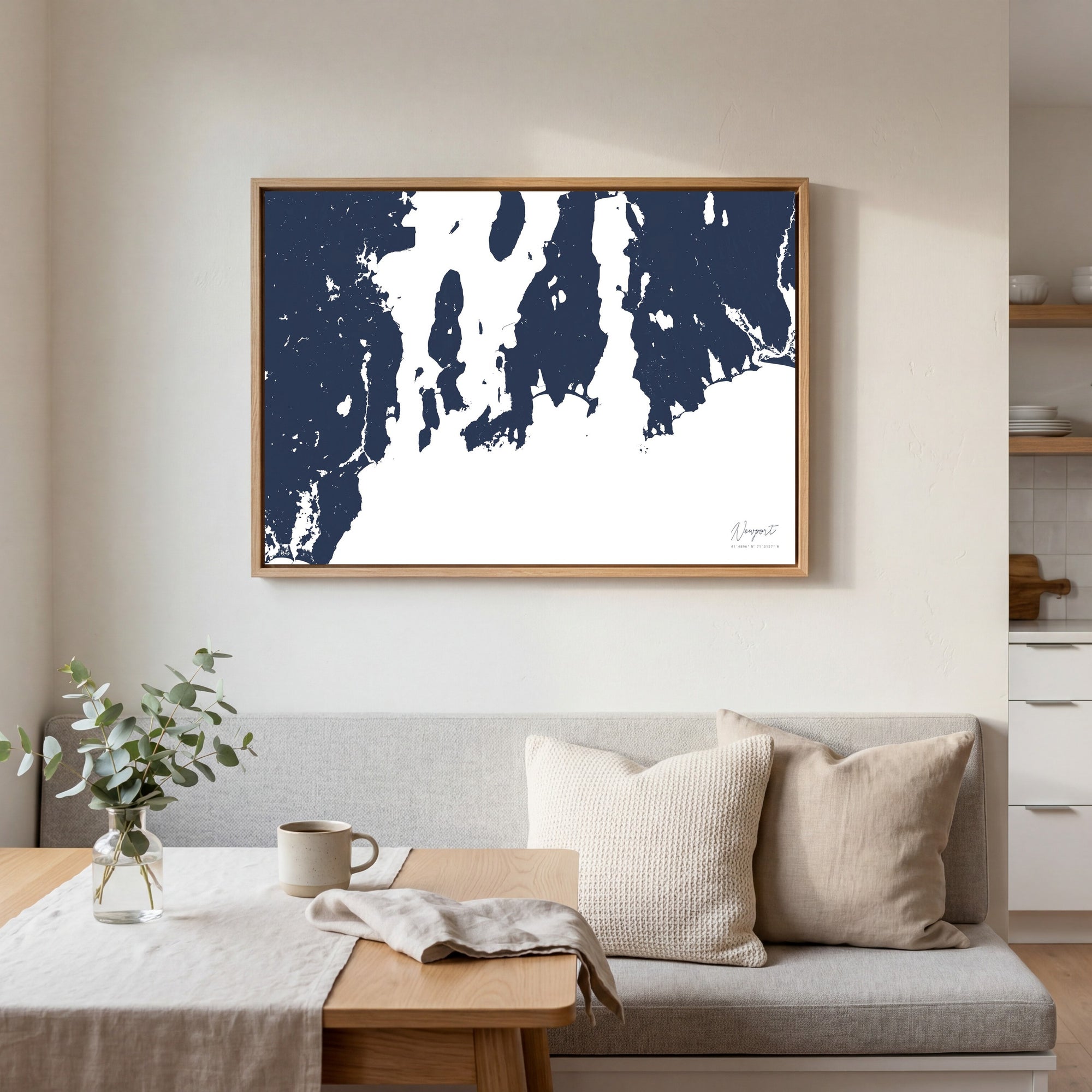 Newport navy horizontal canvas map in an oak framed room scene