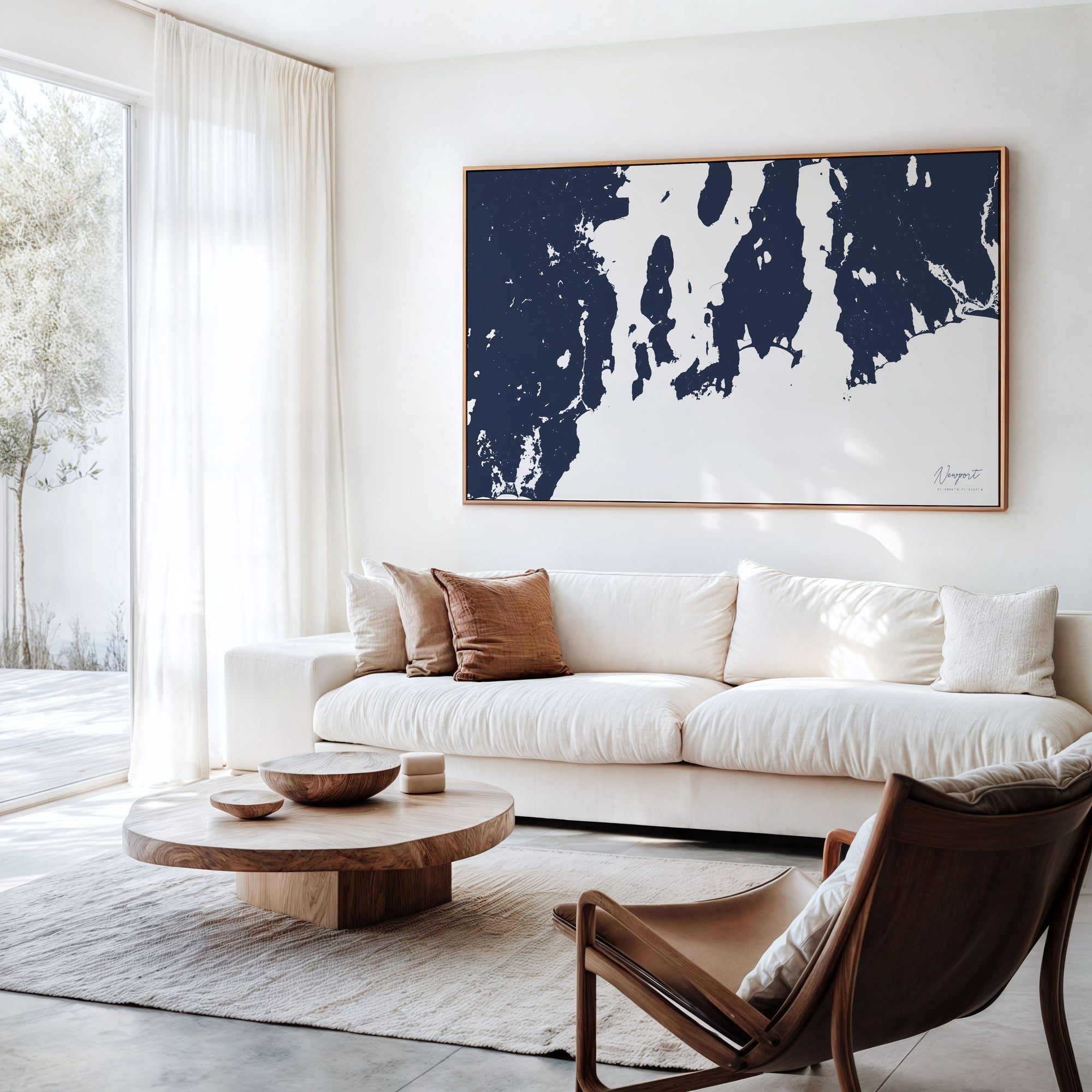 Newport navy horizontal canvas map in an oak framed room scene