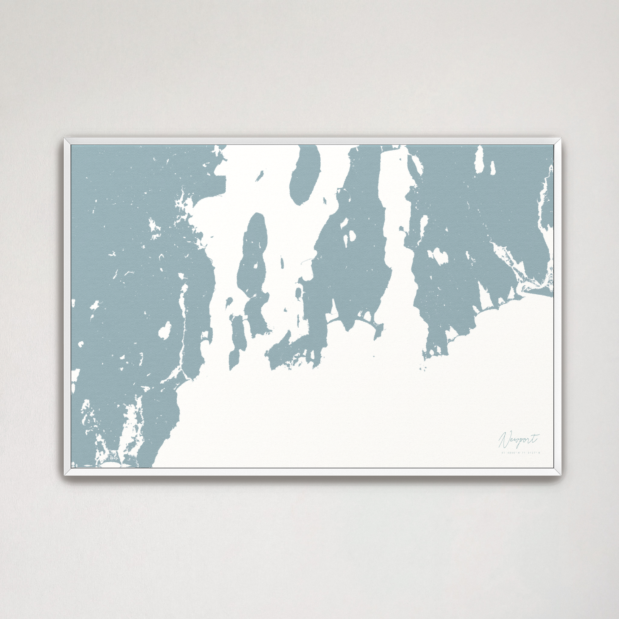 Newport Coastal Map — Canvas Horizontal, soft-blue, White Frame