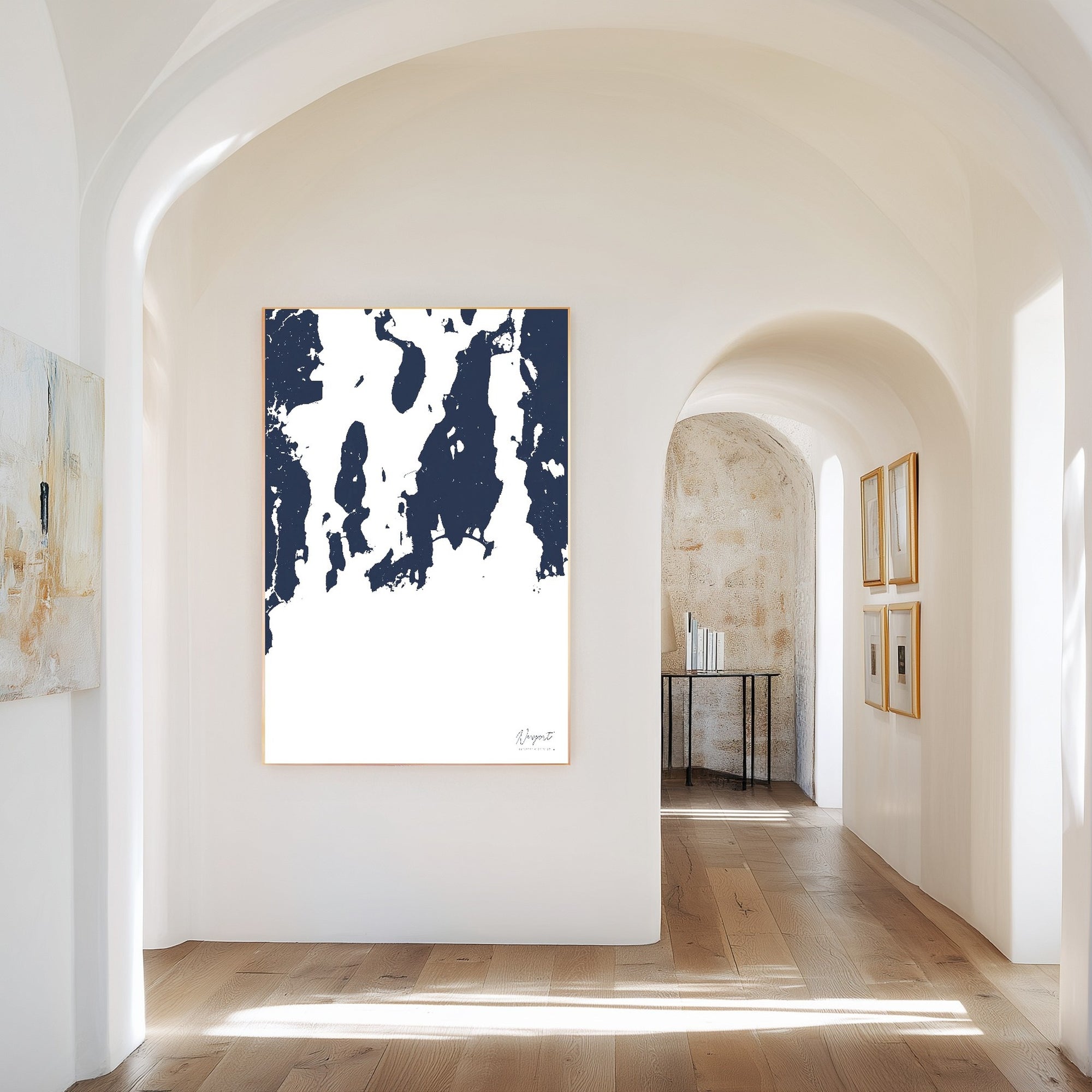 Newport navy vertical canvas map in the Bello mixed room scene