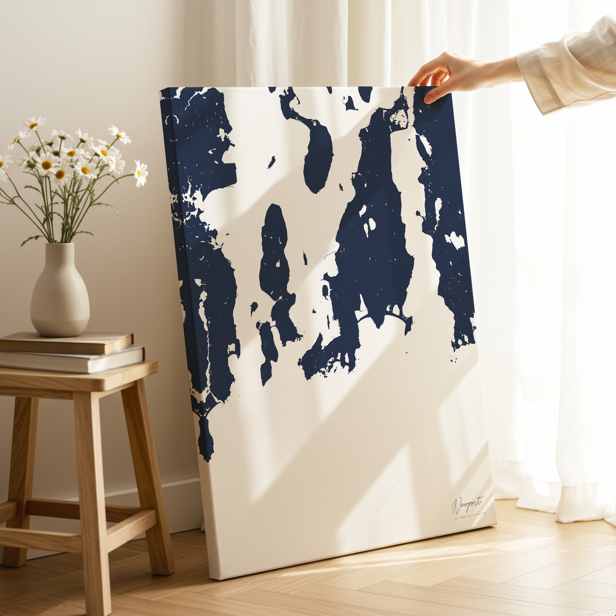 Newport navy vertical wrapped canvas map in the ratio 2:3 hand mockup