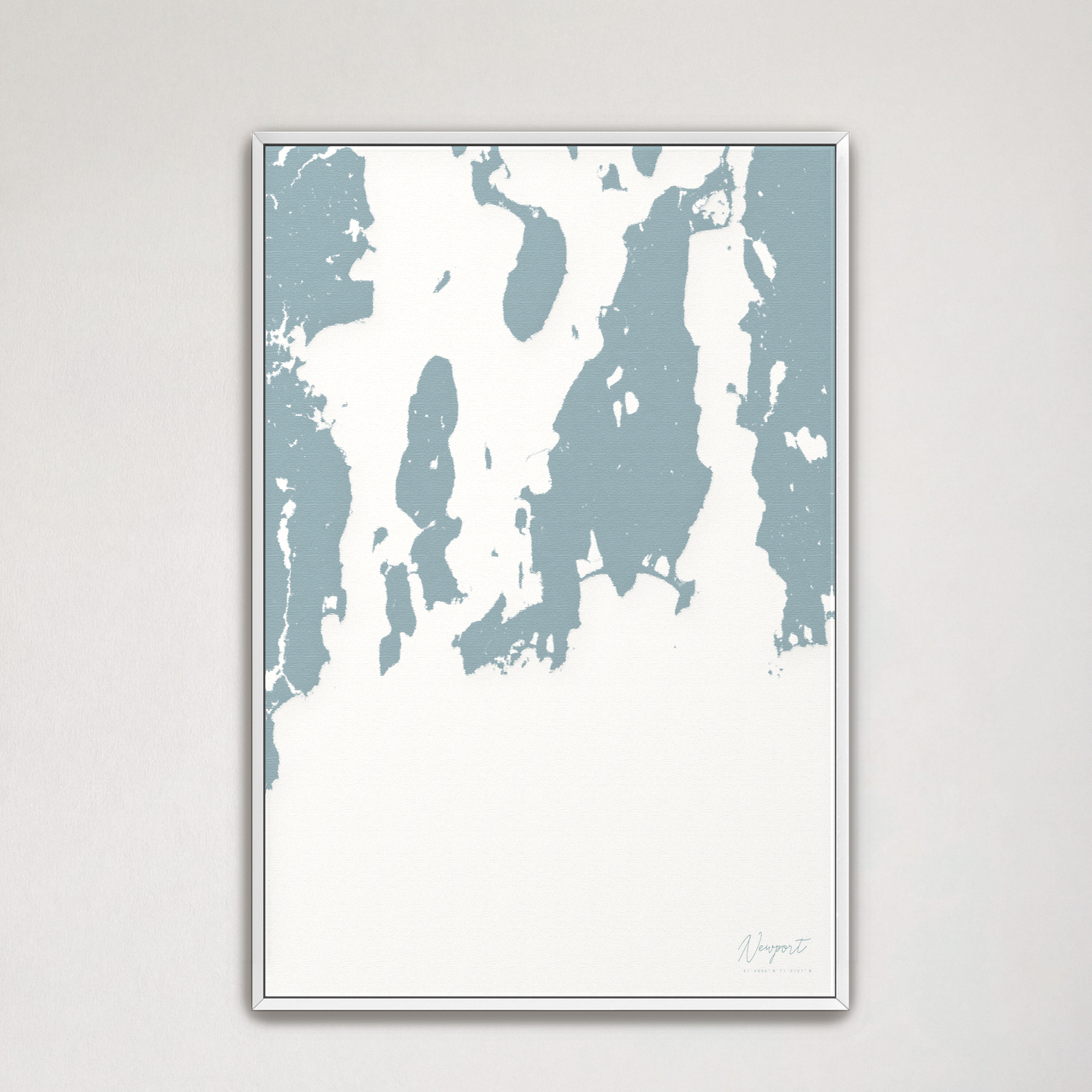 Newport Coastal Map — Canvas Vertical, soft-blue, White Frame