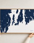 Newport canvas map — hands holding the canvas in an oak frame