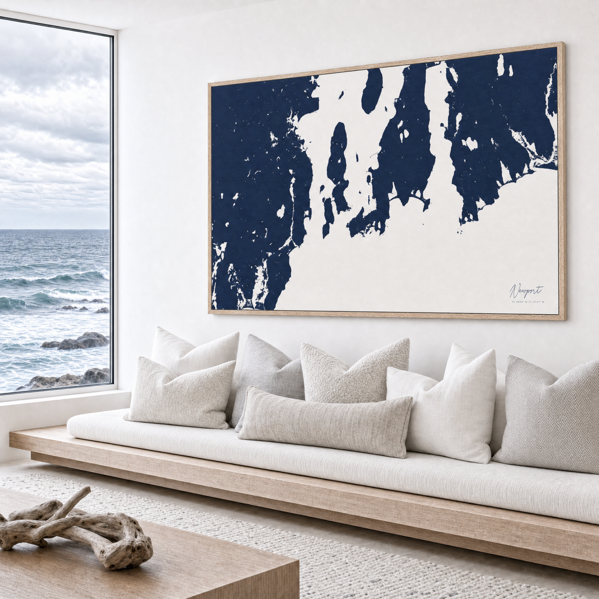 Newport canvas map — sea-view bench interior