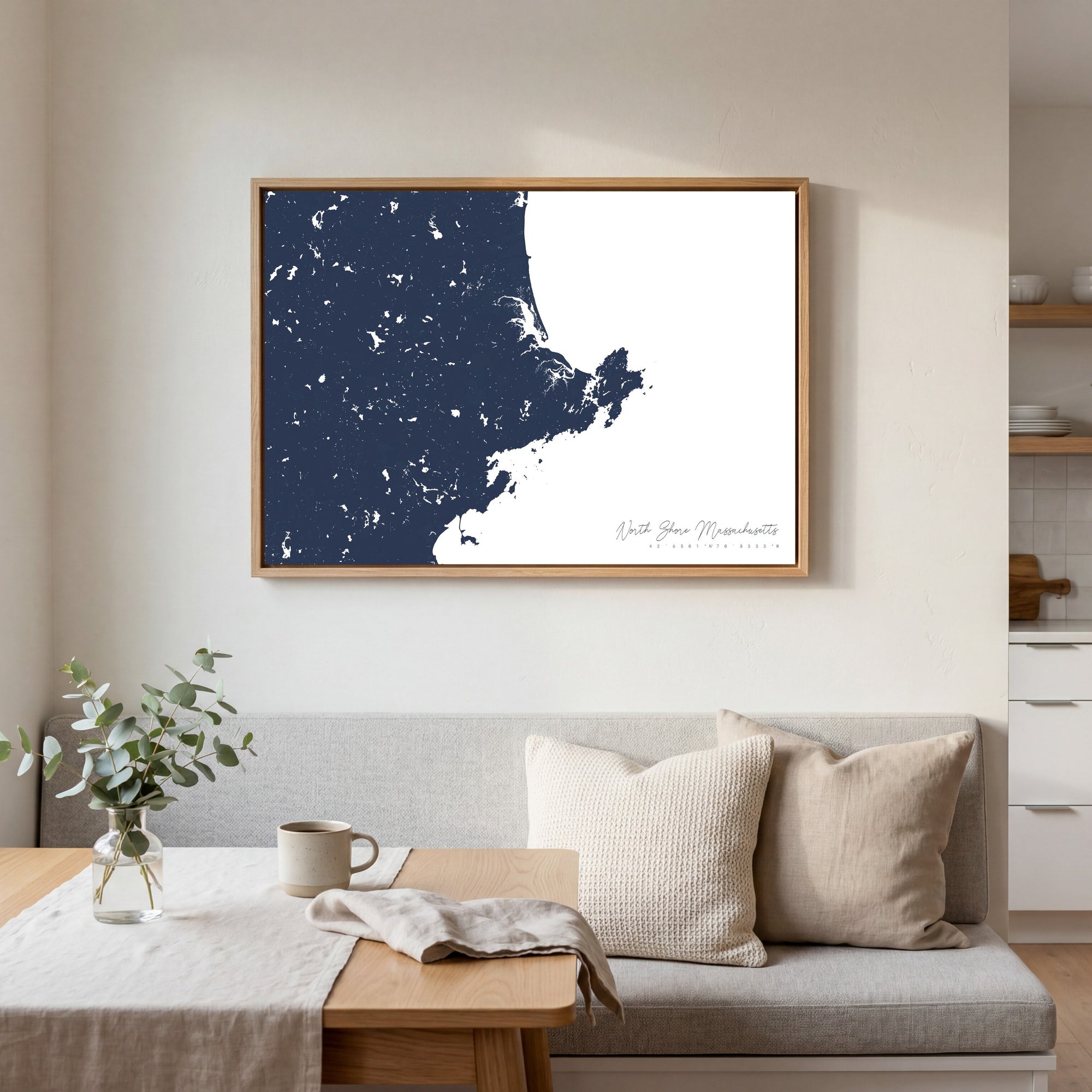North Shore Massachusetts navy horizontal canvas map in an oak framed room scene