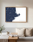 North Shore Massachusetts navy horizontal canvas map in an oak framed room scene