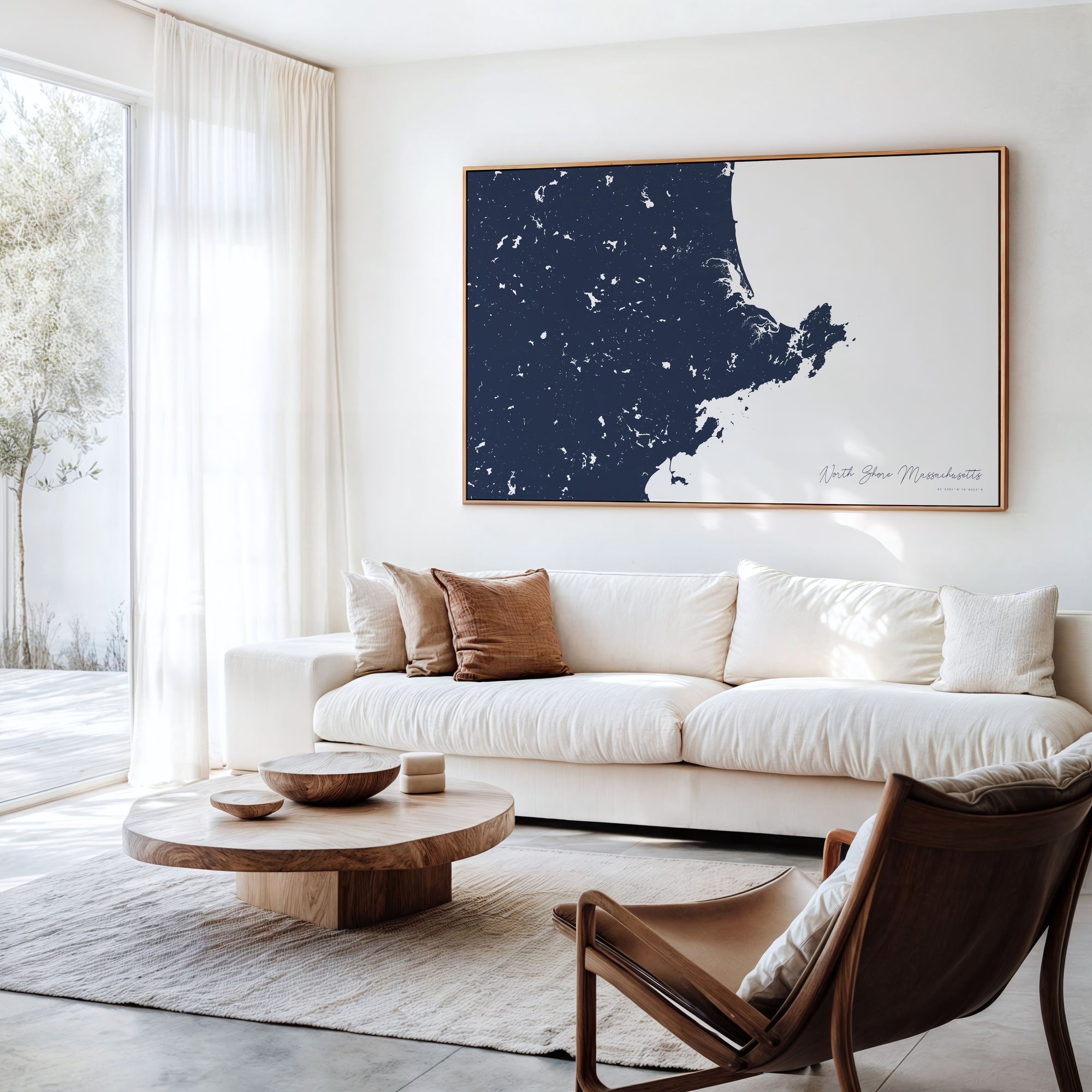 North Shore Massachusetts navy horizontal canvas map in an oak framed room scene