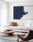 North Shore Massachusetts navy horizontal canvas map in an oak framed room scene