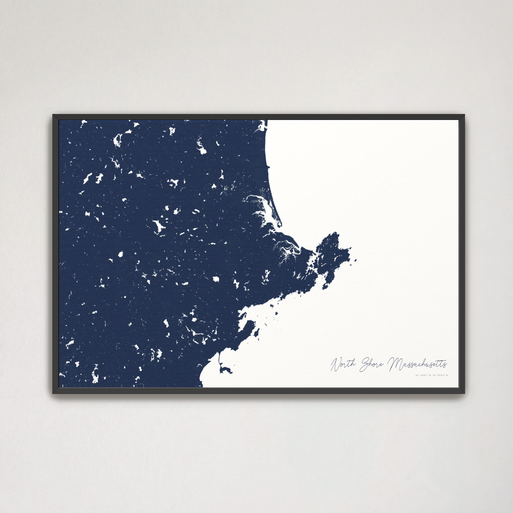 North Shore Massachusetts Coastal Map — Canvas Horizontal, navy, Black Frame