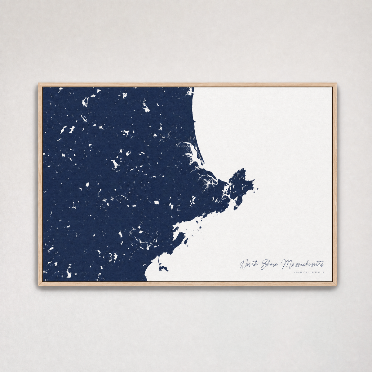 North Shore Massachusetts Coastal Map — Canvas Horizontal — navy, Light Wood