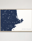 North Shore Massachusetts Coastal Map — Canvas Horizontal, navy, Natural Oak